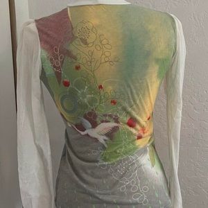 Rare cop copine white mesh long sleeve green grey turtleneck shirt